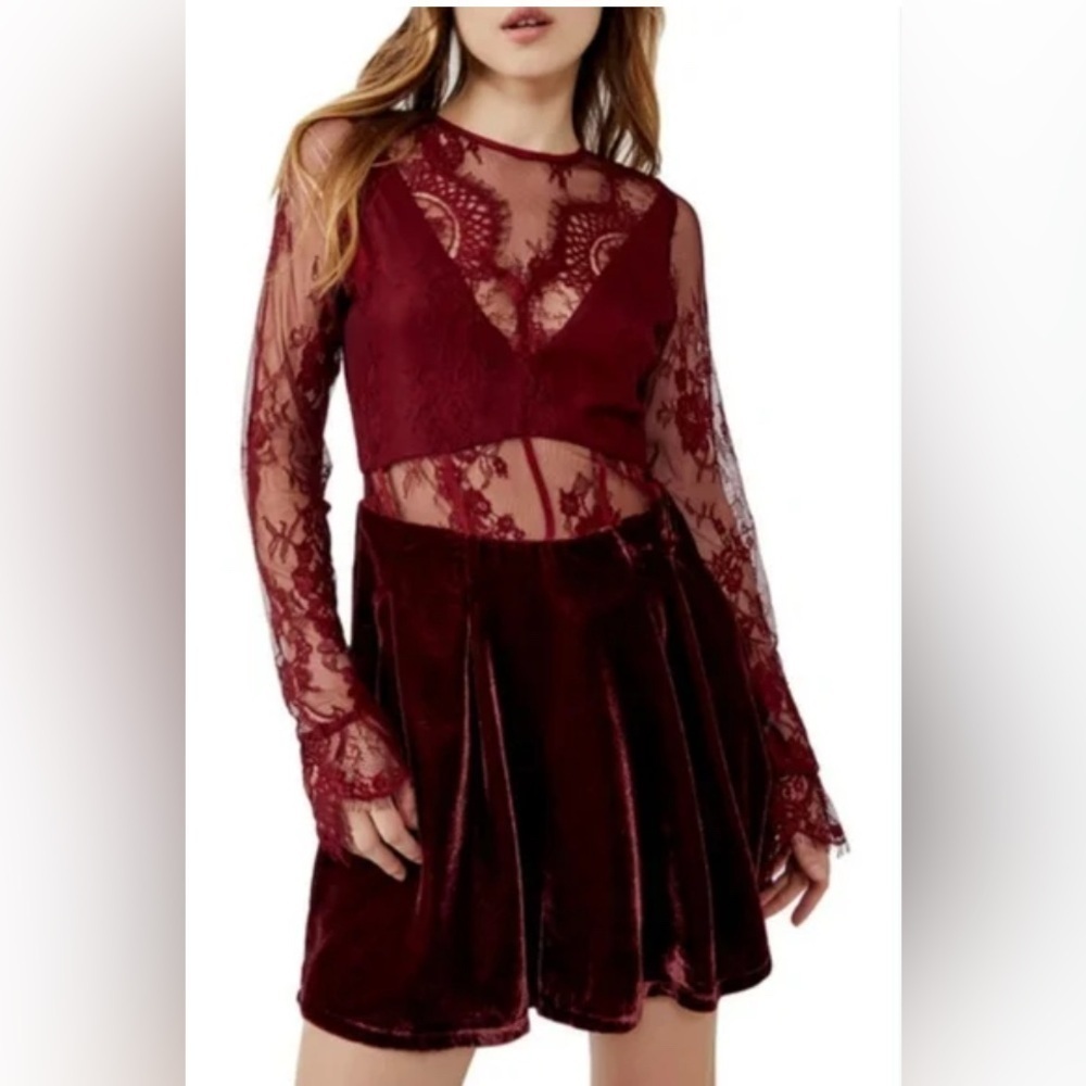Free People, Marley mini Dress burgundy velvet lace combo XS